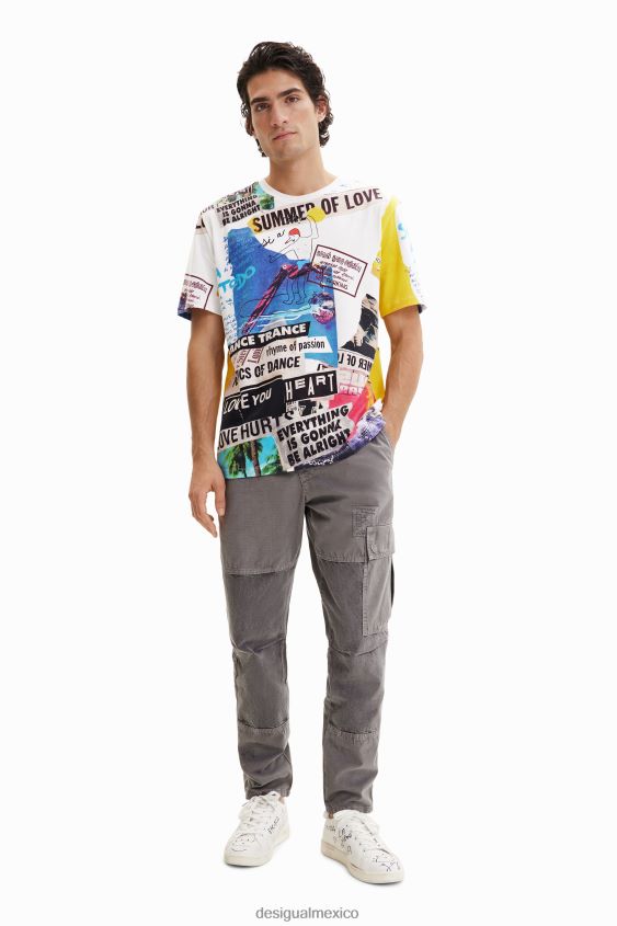 Desigual hombres camiseta de manga corta con estampado de periódico VZ26R01517 ropa