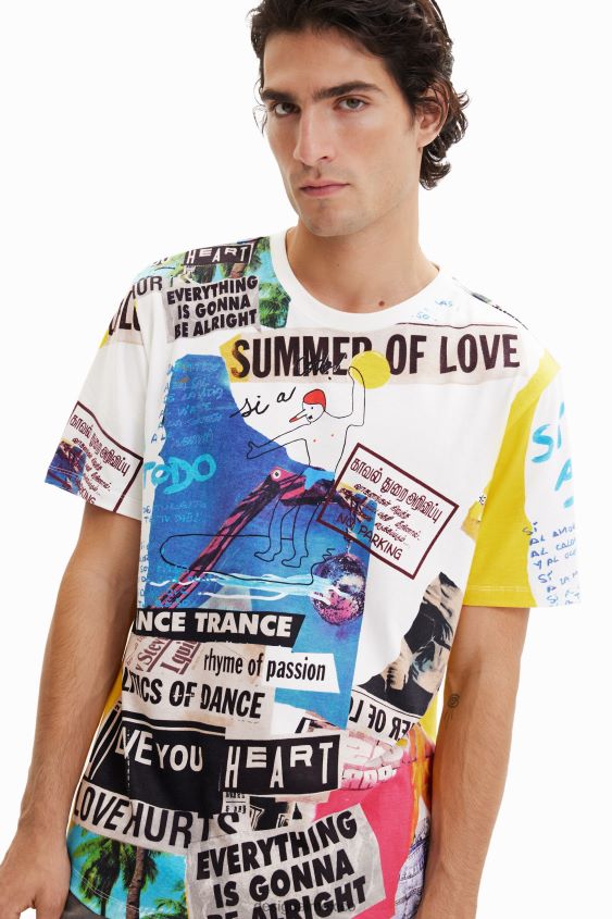 Desigual hombres camiseta de manga corta con estampado de periódico VZ26R01517 ropa