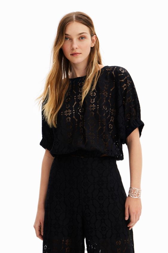 Desigual mujer blusa corta de encaje con mangas abullonadas VZ26R0359 ropa