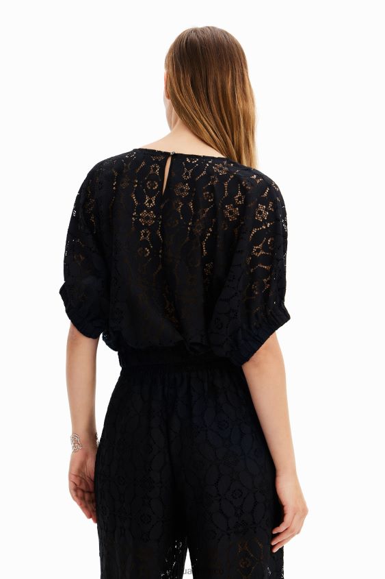 Desigual mujer blusa corta de encaje con mangas abullonadas VZ26R0359 ropa