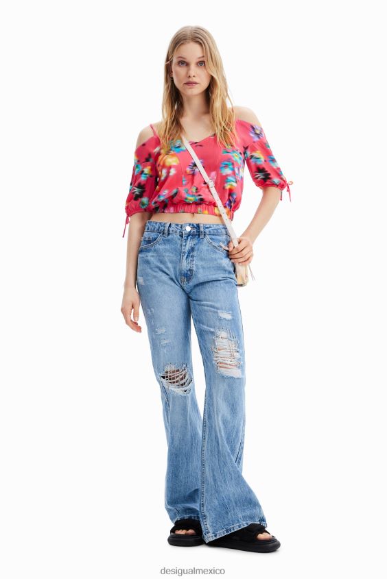 Desigual mujer blusa corta fruncida con flores VZ26R0693 ropa