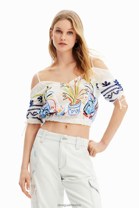 Desigual mujer blusa corta fruncida ilustración VZ26R0870 ropa