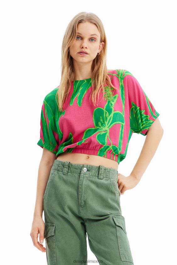 Desigual mujer blusa corta tropical con mangas abullonadas VZ26R0775 ropa