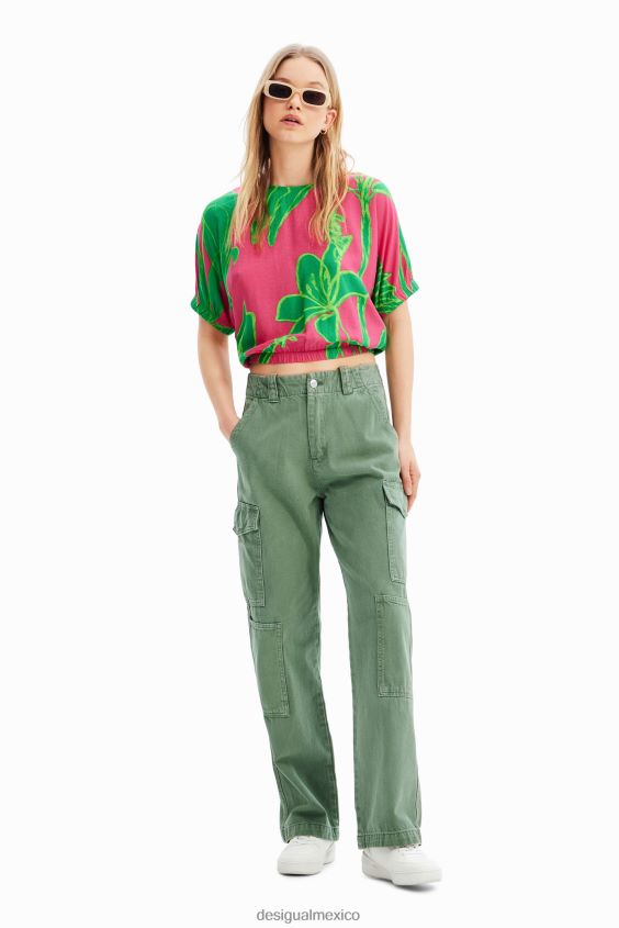 Desigual mujer blusa corta tropical con mangas abullonadas VZ26R0775 ropa