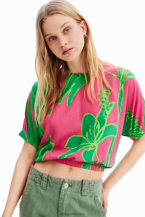 Desigual mujer blusa corta tropical con mangas abullonadas VZ26R0775 ropa