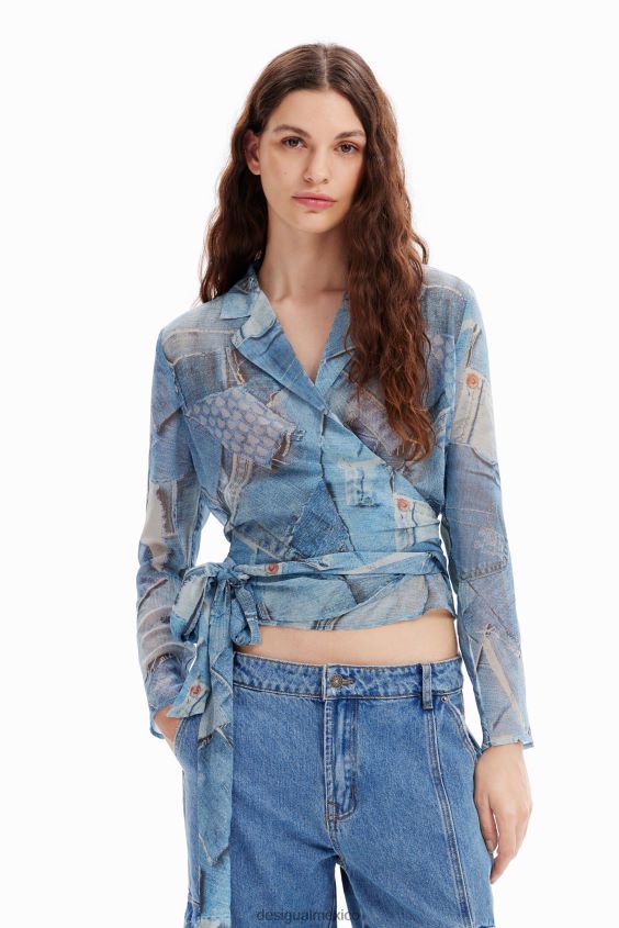 Desigual mujer blusa cruzada de mezclilla con patchwork VZ26R0106 ropa