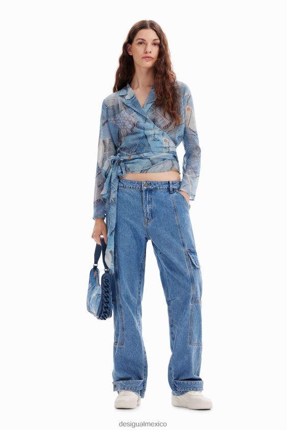 Desigual mujer blusa cruzada de mezclilla con patchwork VZ26R0106 ropa