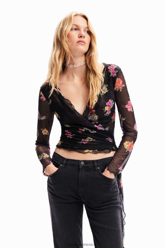 Desigual mujer blusa cruzada de tul floral VZ26R084 ropa