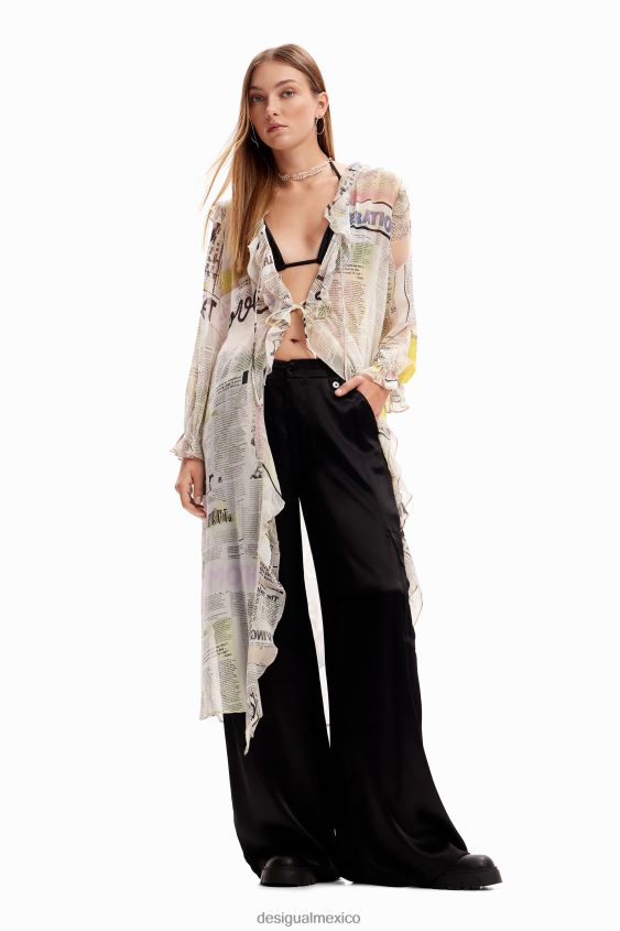 Desigual mujer blusa tipo periódico larga con volantes VZ26R0105 ropa