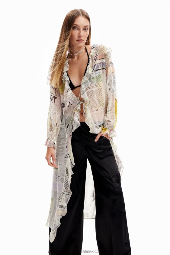 Desigual mujer blusa tipo periódico larga con volantes VZ26R0105 ropa