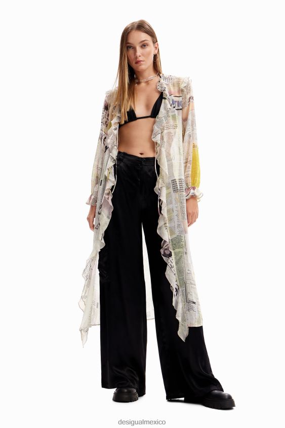 Desigual mujer blusa tipo periódico larga con volantes VZ26R0105 ropa