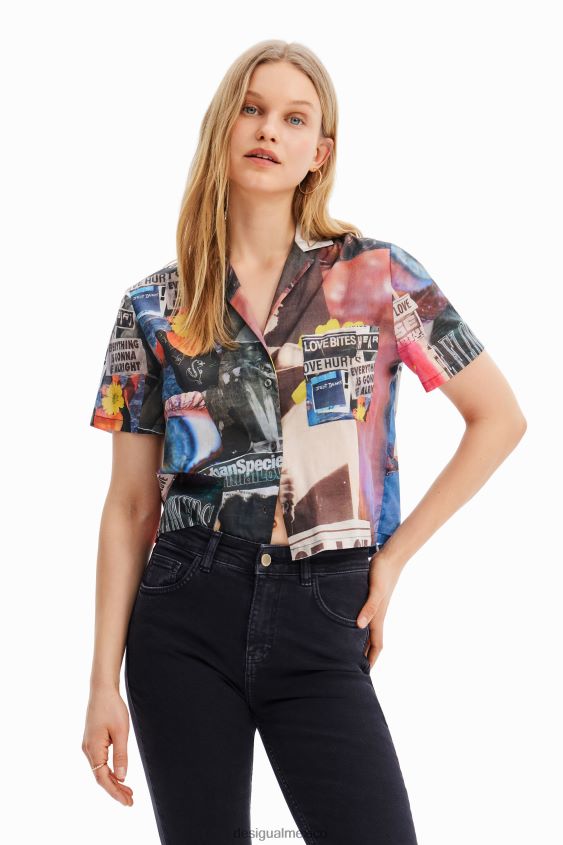 Desigual mujer camisa corta estilo periódico tipo resort VZ26R0329 ropa