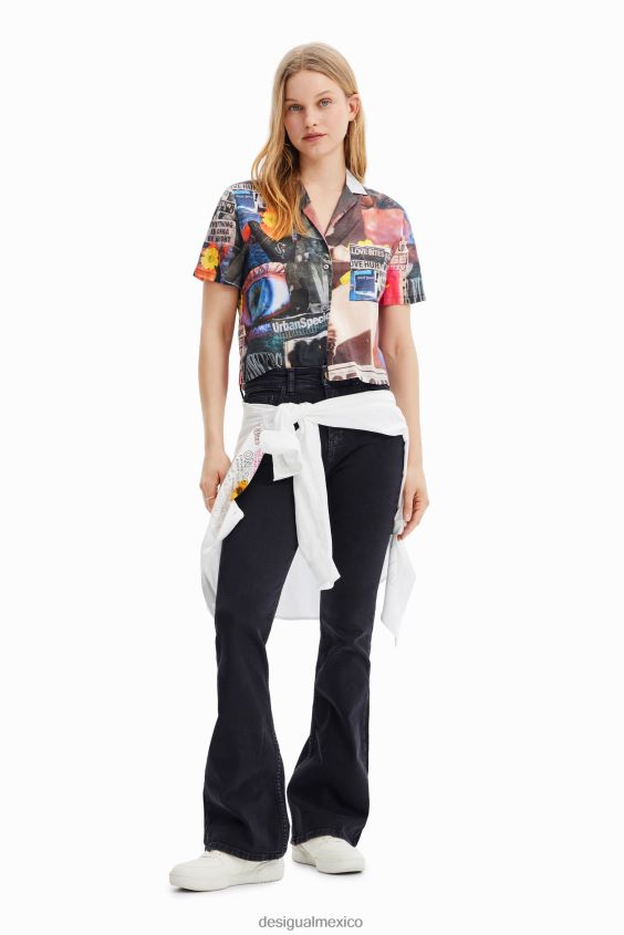 Desigual mujer camisa corta estilo periódico tipo resort VZ26R0329 ropa