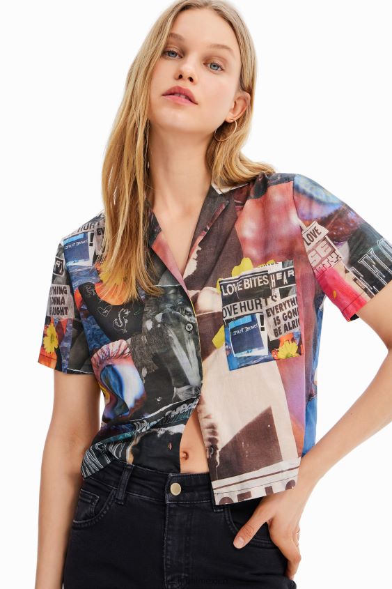Desigual mujer camisa corta estilo periódico tipo resort VZ26R0329 ropa