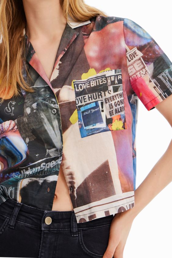 Desigual mujer camisa corta estilo periódico tipo resort VZ26R0329 ropa