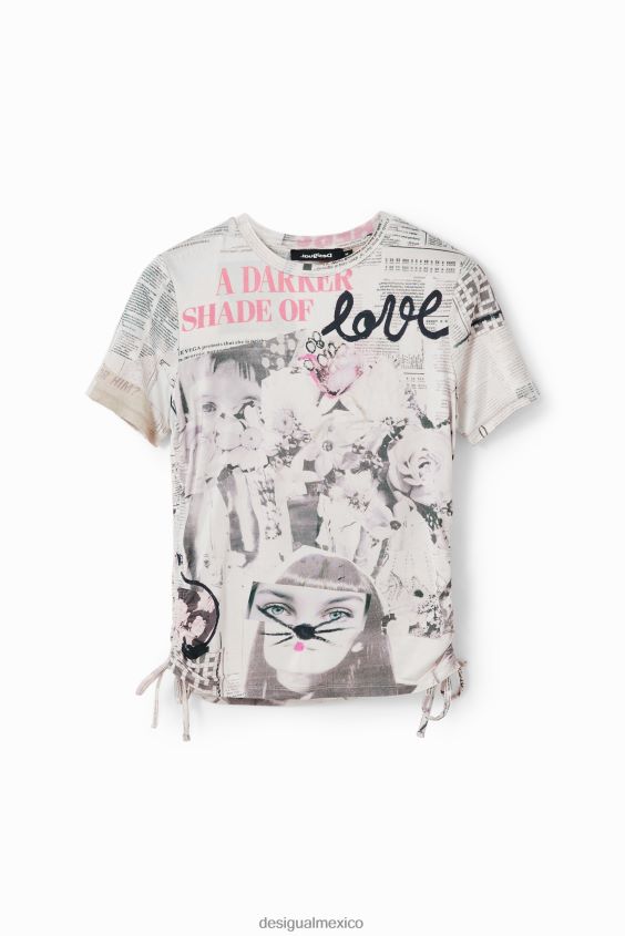 Desigual mujer camiseta ajustada con fruncido tipo periódico VZ26R0183 ropa