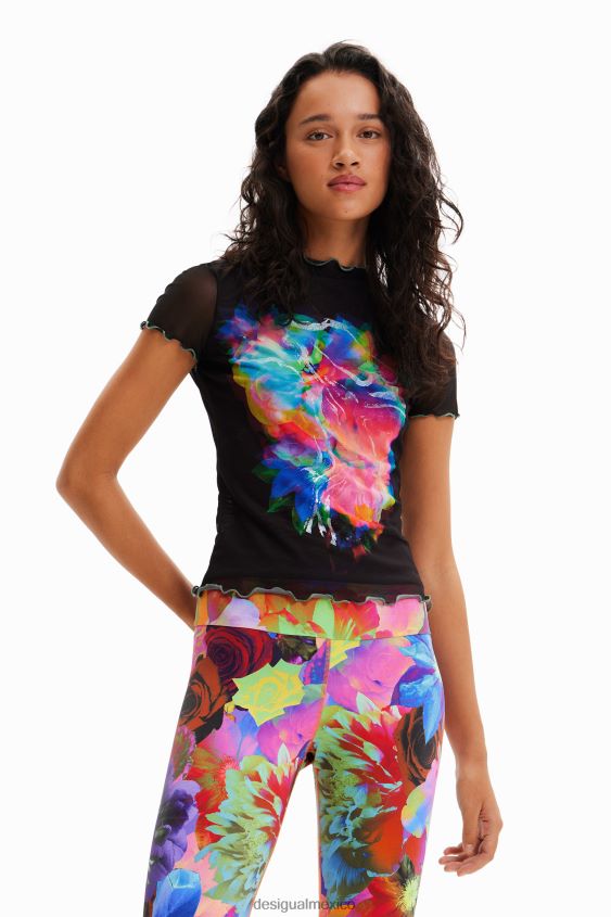 Desigual mujer camiseta ajustada de tul con flores VZ26R0848 ropa