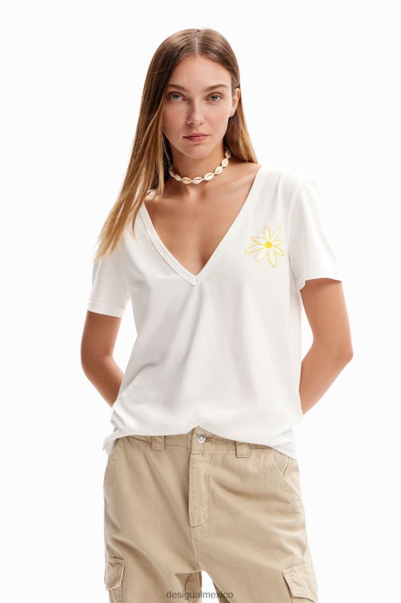 Desigual mujer camiseta con cuello en V y flores VZ26R01142 ropa