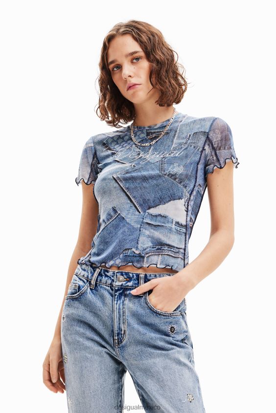 Desigual mujer camiseta de mezclilla con patchwork de tul VZ26R042 ropa