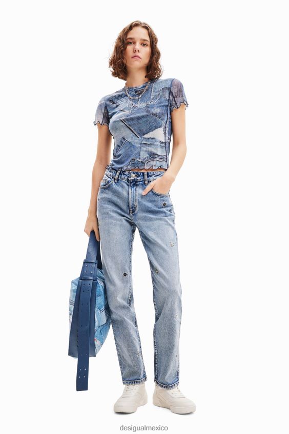 Desigual mujer camiseta de mezclilla con patchwork de tul VZ26R042 ropa