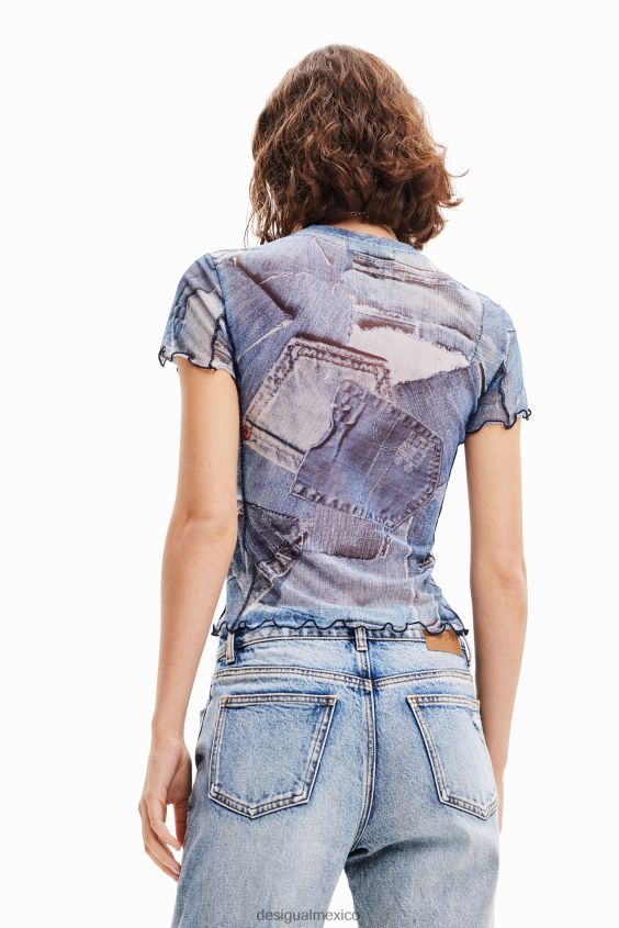 Desigual mujer camiseta de mezclilla con patchwork de tul VZ26R042 ropa