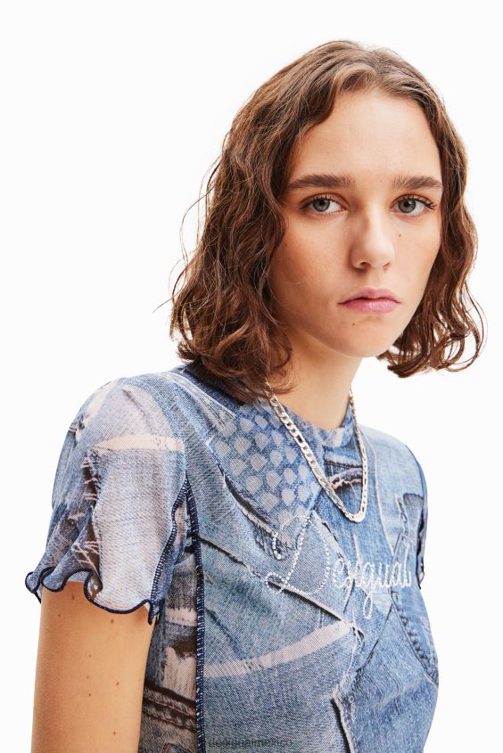 Desigual mujer camiseta de mezclilla con patchwork de tul VZ26R042 ropa