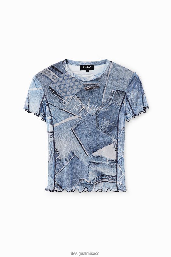 Desigual mujer camiseta de mezclilla con patchwork de tul VZ26R042 ropa