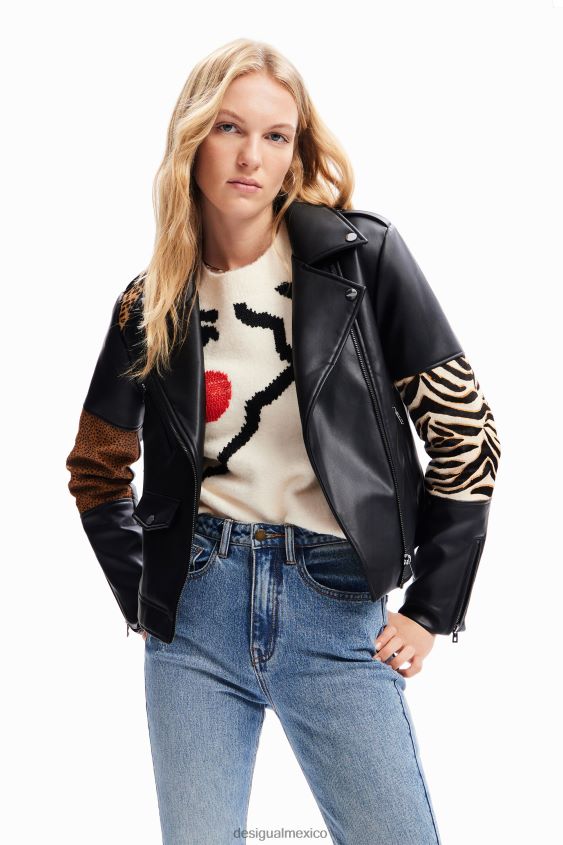 Desigual mujer chaqueta motera de cuero con patchwork VZ26R0181 ropa