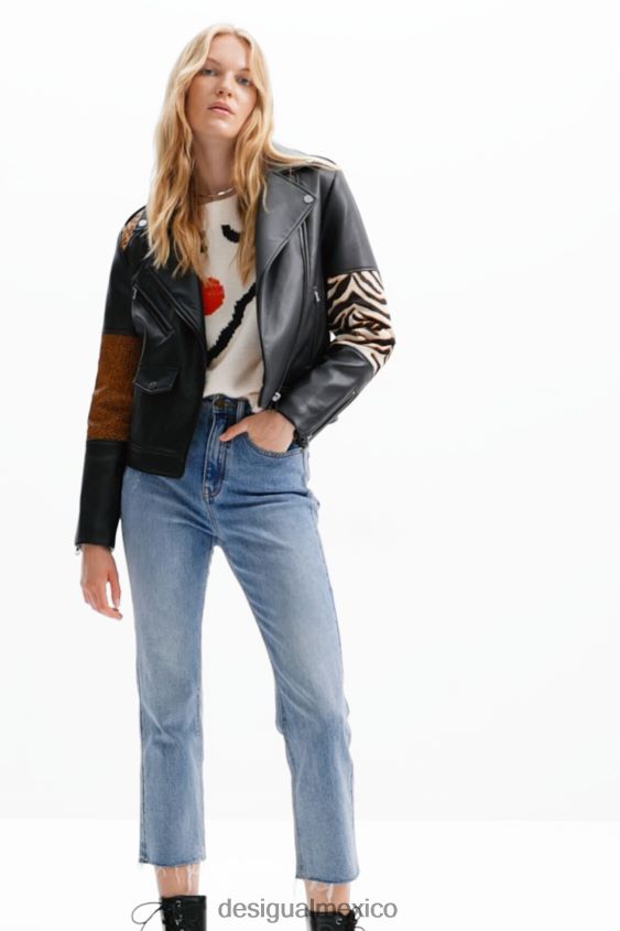 Desigual mujer chaqueta motera de cuero con patchwork VZ26R0181 ropa