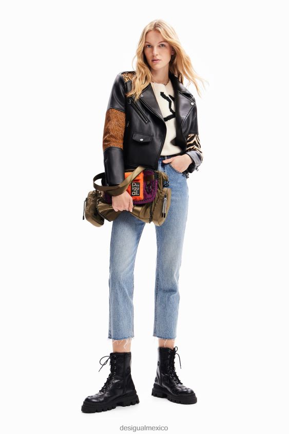 Desigual mujer chaqueta motera de cuero con patchwork VZ26R0181 ropa
