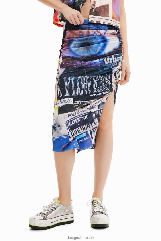 Desigual mujer falda midi entallada con collage fruncido VZ26R0367 ropa