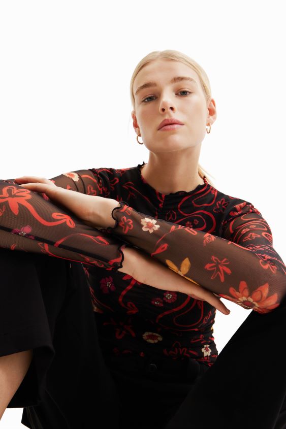 Desigual mujer body de tul con estampado floral y fruncido VZ26R0495 ropa