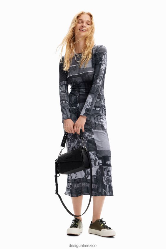 Desigual mujer vestido midi ajustado tipo periódico VZ26R048 ropa