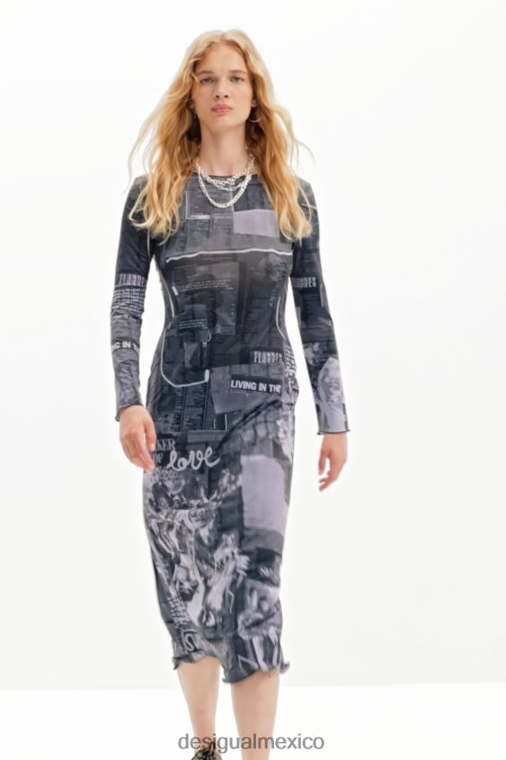 Desigual mujer vestido midi ajustado tipo periódico VZ26R048 ropa