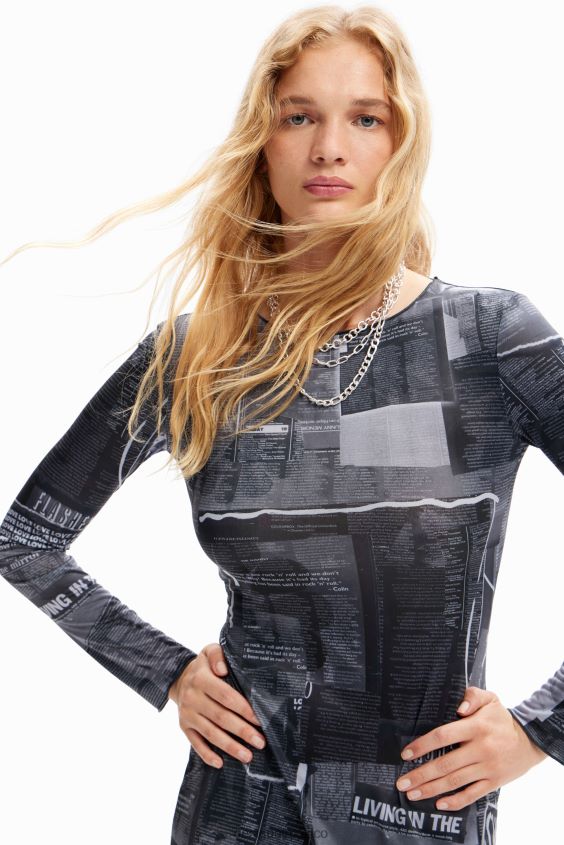 Desigual mujer vestido midi ajustado tipo periódico VZ26R048 ropa