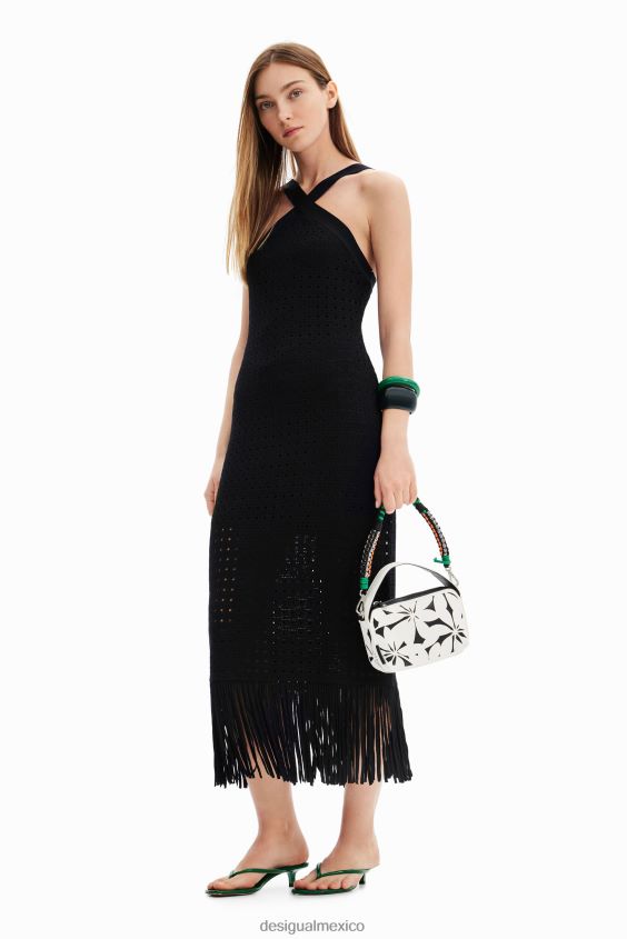 Desigual mujer vestido midi con flecos y cuello halter VZ26R0326 ropa