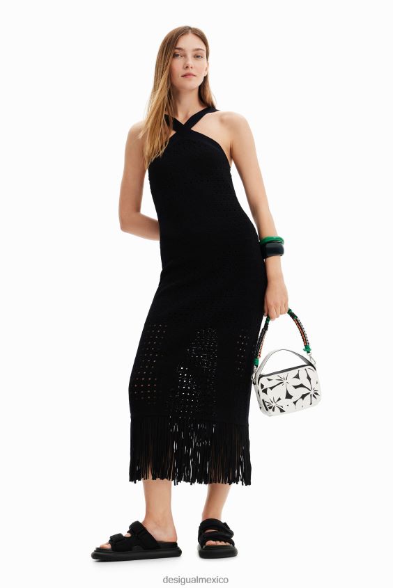 Desigual mujer vestido midi con flecos y cuello halter VZ26R0326 ropa