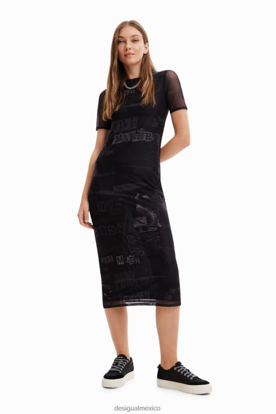 Desigual mujer vestido midi de tul estilo periódico VZ26R0345 ropa