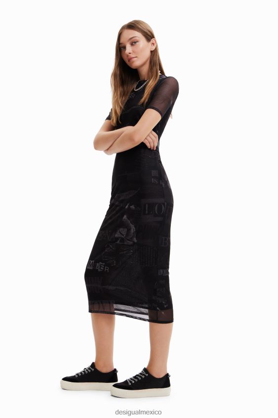Desigual mujer vestido midi de tul estilo periódico VZ26R0345 ropa
